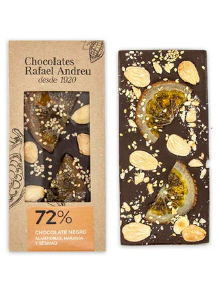 TABLETA ARTESANA DE CHOCOLATE 72% CON ALMENDRA, NARANJA Y SÉSAMO 90 GR 1 UD (TORRENTE) RAFAEL ANDREU