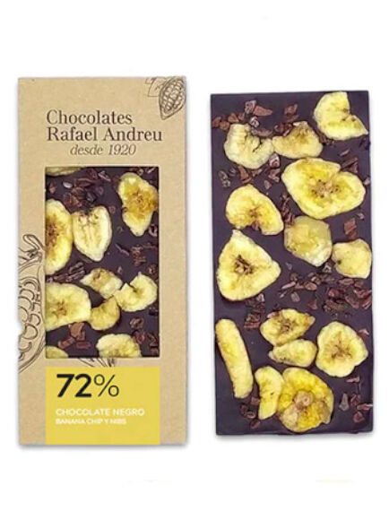 TABLETA ARTESANA DE CHOCOLATE 72% CON BANANA CHIPS Y NIBS 90 GR 1 UD (TORRENTE) RAFAEL ANDREU