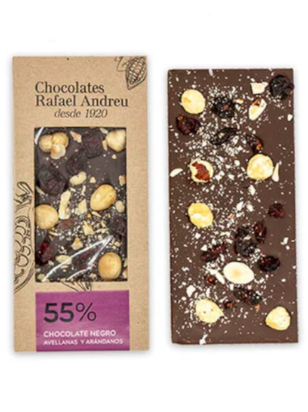 TABLETA ARTESANA DE CHOCOLATE 55% CON ARÁNDANOS Y AVELLANAS 90 GR 1 UD (TORRENTE) RAFAEL ANDREU